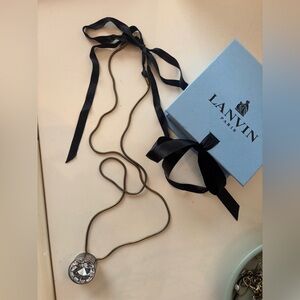 Lanvin Silver and Crystal Pendant Necklace with Black Ribbon closure
